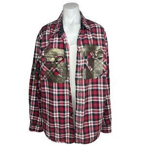LF Furst of A Kind Red Oversized Plaid Check Flannel Button Up Shirt One Size